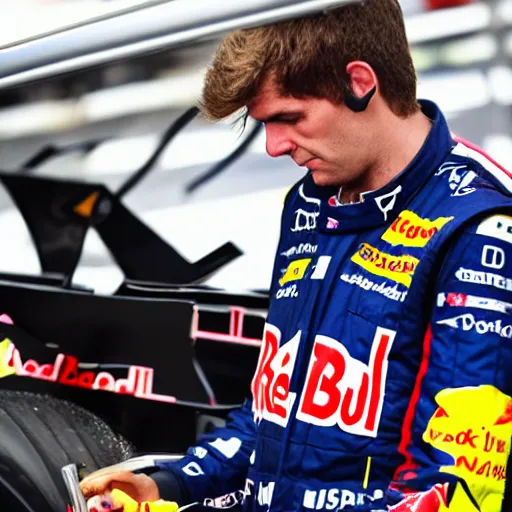 Image similar to red - bull - mechanic working, formula 1, paddock, style by kienan lafferty knkl