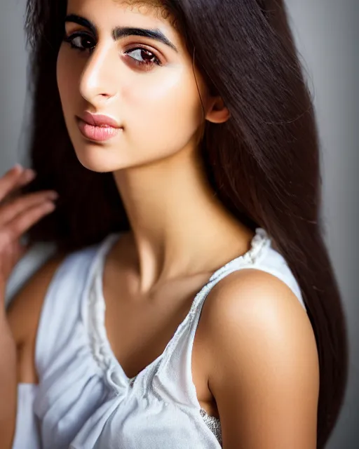 Image similar to a highly realistic, true to life portrait of a beautiful young middle eastern girl, sharp focus, from the waist up, with sharp features, a beautiful face, soft smile, under studio lighting, taken with a canon eos camera with 1 3 5 mm focal length, volumetric lighting, epic, masterpiece, by greg rutkowski