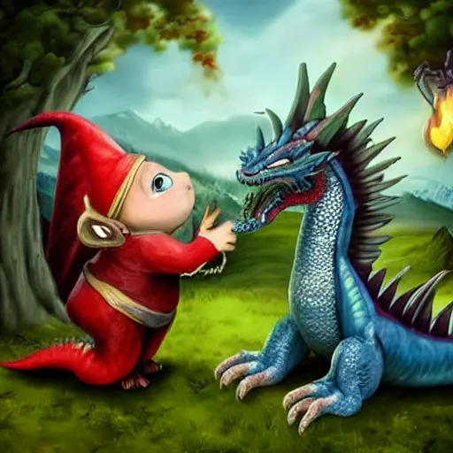 Image similar to dragon that is taming a gnome, gnome is being tamed by a dragon