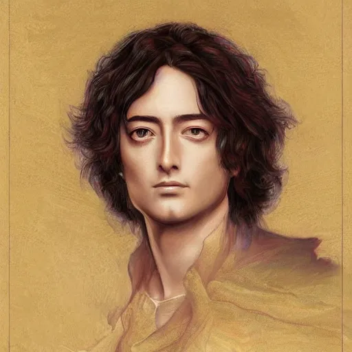 Image similar to amazing artgerm portrait of jimmy page in his 2 0 s as a preraphaelite painting, collaboration with j. scott campbell and artgerm with edward burn jones