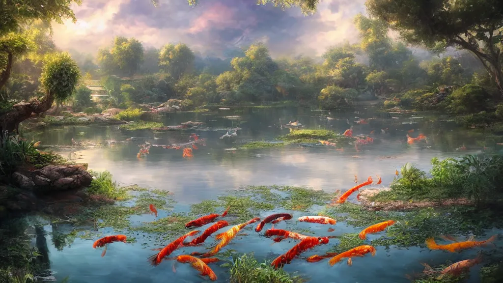 Prompt: a ultradetailed beautiful matte painting showing a close view of a peaceful pond with a clear water and amazingly beautiful carp koi, dramatic lighting, dynamic lighting, cinematic lighting, by krenz cushart and artgerm, unreal engine, featured on artstation
