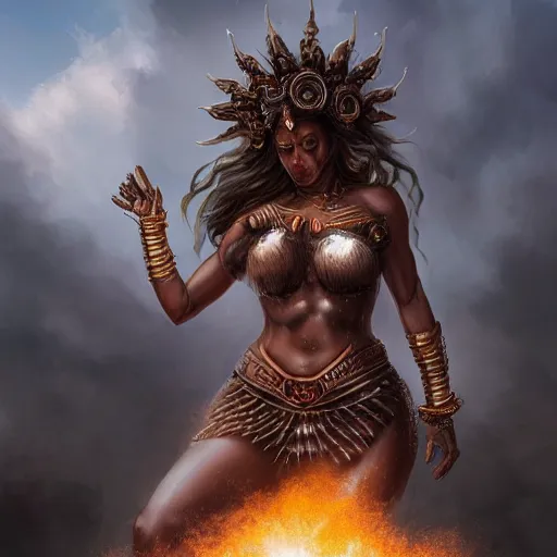 Prompt: a colossal goddess from above, creative, brown skin, giant, digital art, city, town, highly detailed, photo manipulation, up there, dark clouds, dark gray hair, digital painting, on fire, smoke, artstation