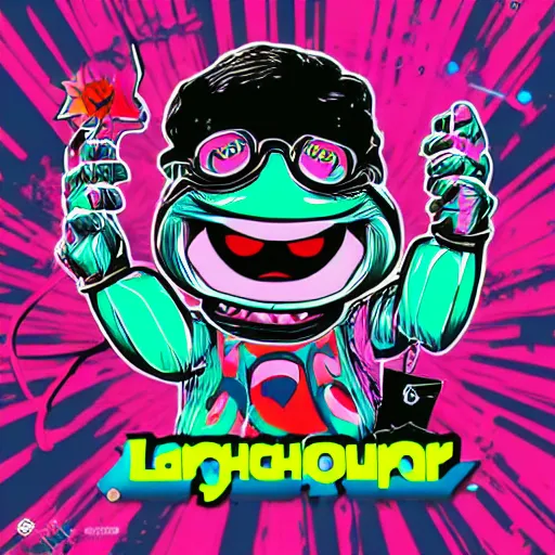 Image similar to artgerm, psychedelic laughing cybertronic muppet - baby, rocking out, headphones dj rave, digital artwork, r. crumb, svg vector