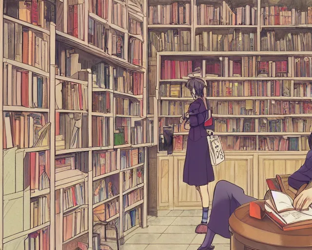 Prompt: anime girl studying in a magic library in the style of studio ghibli, ayami kojima, akihiko yoshida, atey ghailan, escher, edward hopper