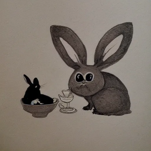 Prompt: ink portrait of a cute rabbit drinking tea with an owl, studio Ghibli