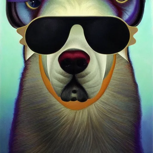 Prompt: cool dog wearing sunglasses by MICHAEL DIVINE and by AMANDA SAGE in the style of oil painting visionary art, oil painting artwork. , trending on artstation, very coherent symmetrical artwork, oil painting