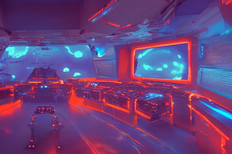 Image similar to Film still of the bridge of a space ship, large viewscreens, control panels, orange and cyan lighting, burning fire, electric sparks, smoke, Cinestill colour cinematography, anamorphic