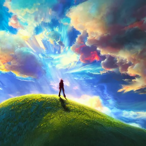 Image similar to puffy clouds, drew struzan movie poster style, vfx art, unreal engine render, claymation style, colourful, volumetric light, digital painting, digital illustration, dramatic light,