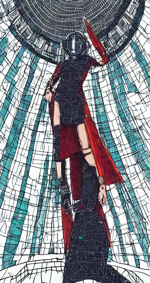 Image similar to cypherpunk high priestess fashion illustration, camera face, city street background with high tall buildings, kodachrome, abstract portrait highly detailed, finely detailed