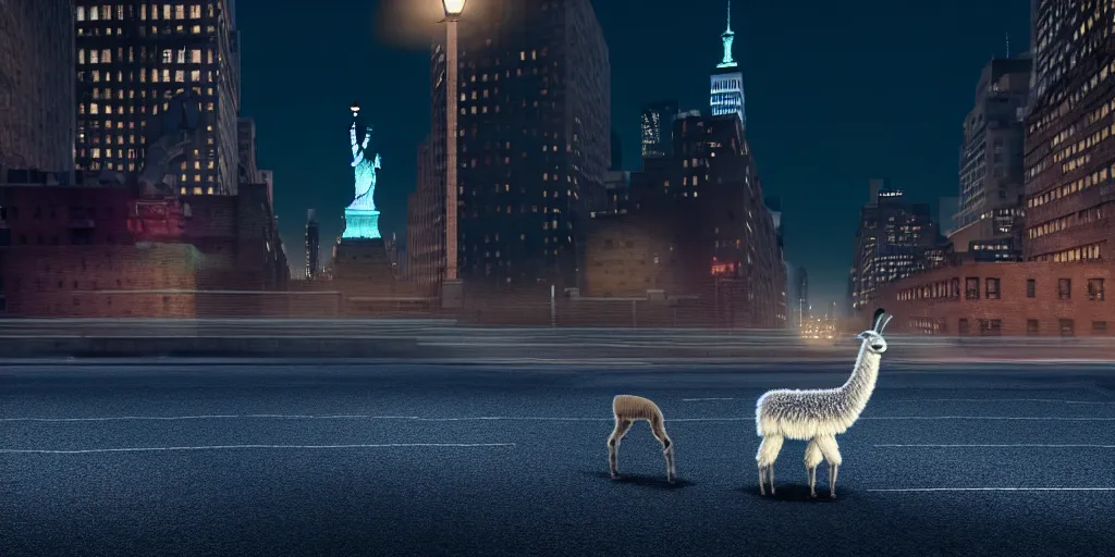 Image similar to a llama walking through a desolate manhattan city street at night, statue of liberty seen in the background, realistic 4 k octane beautifully detailed render, 4 k post - processing, highly detailed, detailed face, intricate complexity, epic composition, magical atmosphere, cinematic lighting, masterpiece, color picture, ultra hd