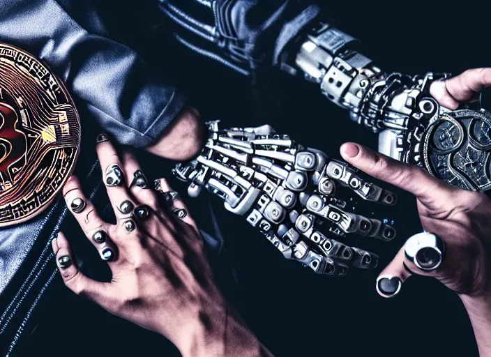 Image similar to mechanical cyberpunk hand holding a bitcoin between two fingers. centered. horror cyberpunk. highly detailed 8 k. intricate. nikon d 8 5 0 3 5 mm. award winning photography.