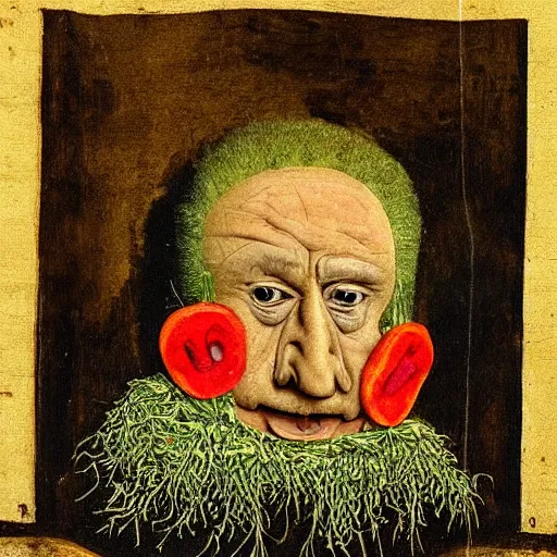 Image similar to very aged medieval painting of donald trump made of vegetables, by giuseppe arcimboldo