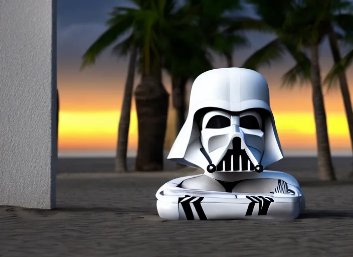 Prompt: symmetry!! closeup!!! symmetrical - face!! white darth vader relaxing on a beach in jamaica during sunset with a cocktail, cinematic lighting, sunset, 8 k - resolution!!, hyperrealism, national geographic, award winning, artstation, unreal engine 5, octane, redshift