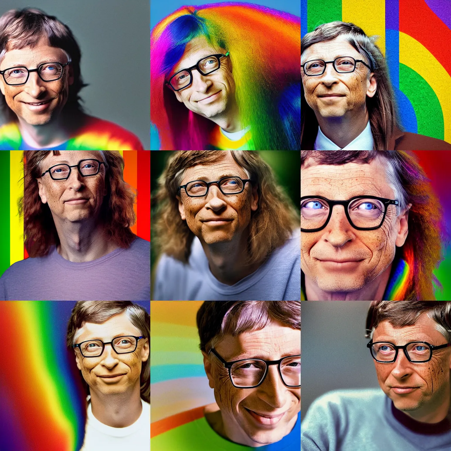 Prompt: real photograph, bill gates rainbow colored long hair, shirtless, in legnica, macro head shot, photo mid shot