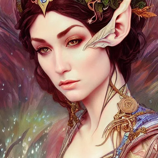 Image similar to a oil painting of a elven queen, cute, fantasy, intricate, elegant, highly detailed, centered, digital painting, artstation, concept art, smooth, sharp focus, illustration, art by artgerm and h r giger and alphonse mucha