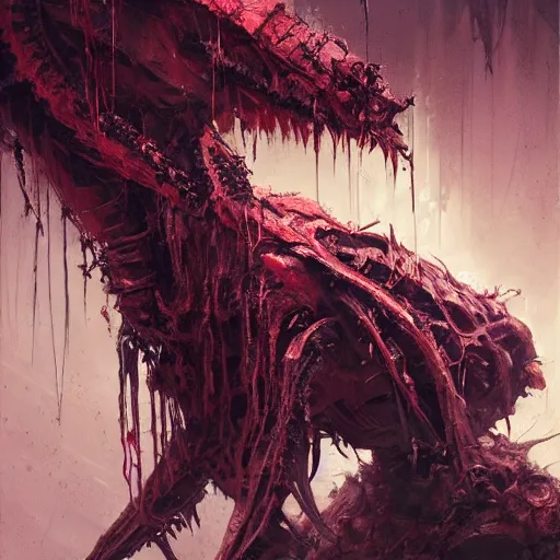 Image similar to concept art by greg rutkowski, a hideous monster in the shape of mantis of twisted flesh and reddish ooze, claustrophobic and futuristic, brutalistic environment, scifi, detailed and intricate environment, high technology, highly detailed portrait, digital painting, artstation, concept art, smooth, sharp foccus ilustration, artstation hq.