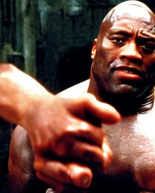 Image similar to film still close - up shot of dwayne johnson as john coffey petting a mouse in the movie the green mile. photographic, photography