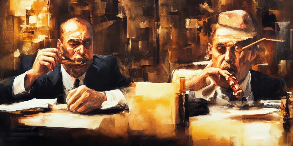 Image similar to abstract oil matte portrait painting, mafia boss smoking a cigar at his 5 0 s new york office desk, wonderful masterpiece highly detailed, beautiful cinematic light deep focus, elegant, digital painting, smooth, sharp focus, golden ratio, dramatic illumination, ultra realistic, 8 k, art by jimmy law