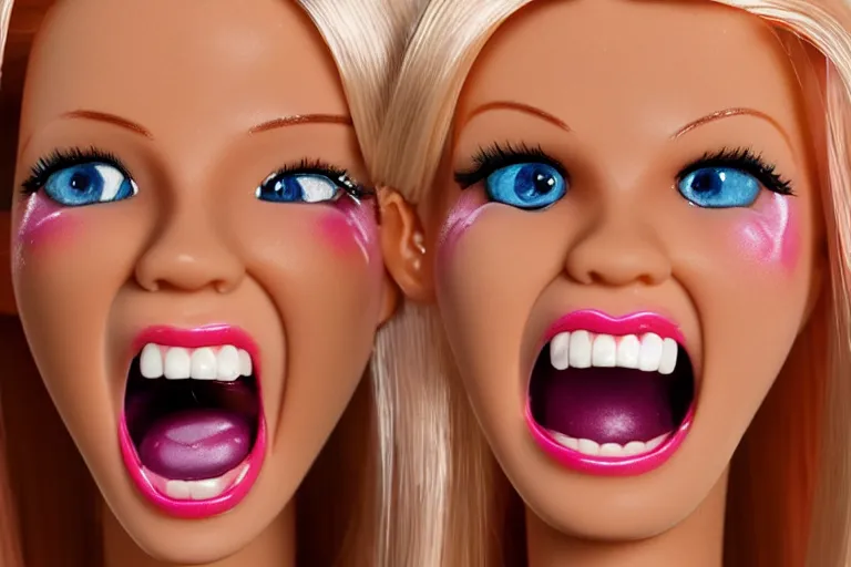 Image similar to Barbie screaming face is melting, night, high-resolution photo,