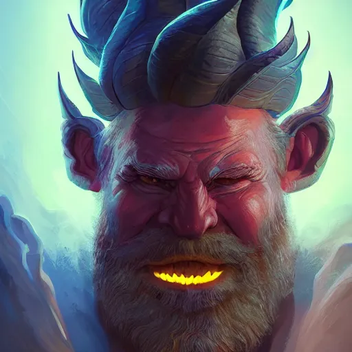 Image similar to Portrait of an evil old god, fire beard, golden eyes, huge horns, mattepainting concept Blizzard pixar maya engine on stylized background splash comics global illumination lighting artstation lois van baarle, ilya kuvshinov, rossdraws