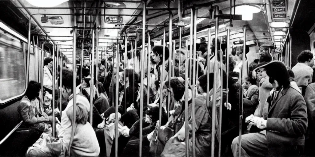 Image similar to 1 9 7 0's new york subway, crowd doing graffiti on a train in the depot, coloured film photography, christopher morris photography, bruce davidson photography