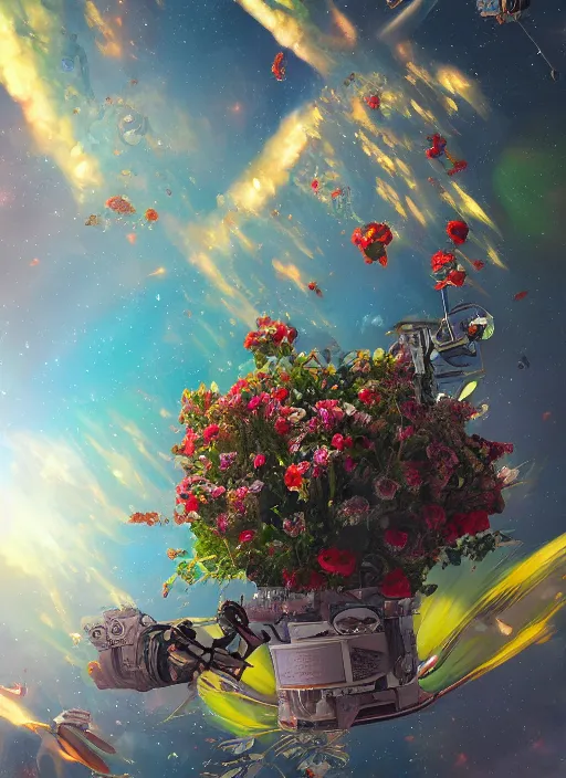 Image similar to An epic fantastic realism comic book style painting of the most beautiful flowers launched into space, bouquets, fisheye lens, unreal 5, DAZ, hyperrealistic, stars in the night sky, octane render, dynamic lighting