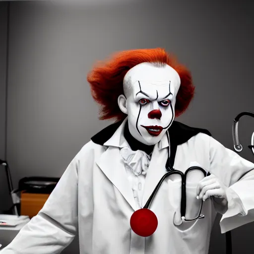 Prompt: dr pennywise wirking in the emergency room, using a stethoscope, wearing doctor clothes, dramatic