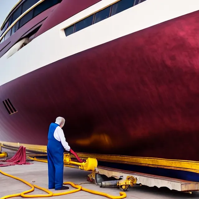 Image similar to wrinkled hunchbacked old man in musty burgundy suit, polishing painting the side of a huge gold plated mega yacht with a cloth, maintenance photo