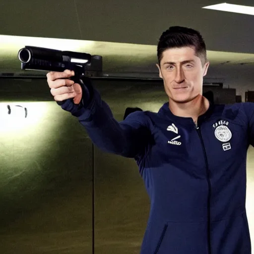 Image similar to robert lewandowski with a gun, shooting at policemen