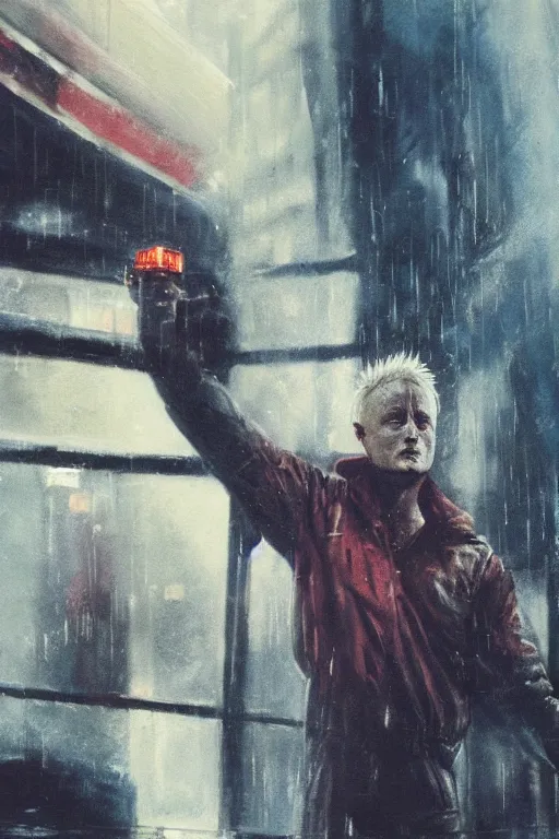 Image similar to a painting of the replicant roy batty accepting the very absurdity of life, all memories will be lost in time like tears in the rain, in the style of blade runner, ridley scott, epic composition, dramatic lighting, octane render