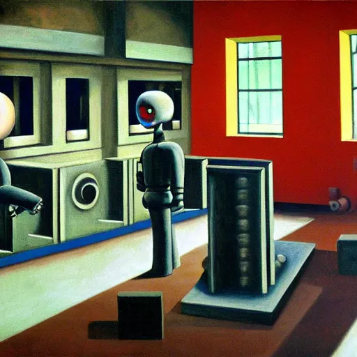 Image similar to drab slave human workers building robots, watched by fascist robots, brutalist factory, dystopian, pj crook, edward hopper, oil on canvas