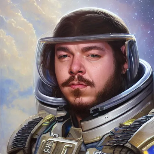 Image similar to Post Malone as a space soldier, close-up portrait art by Donato Giancola and James Gurney, digital art, trending on artstation