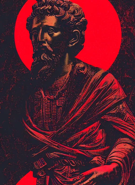 Image similar to design poster showing a statue of marcus aurelius, black background with very subtle red and purple design elements, powerful, nekro, graphic design, collage art, thin lines, dark, glitch art, neo vaporwave, gritty, layout frame, square, trending on artstation