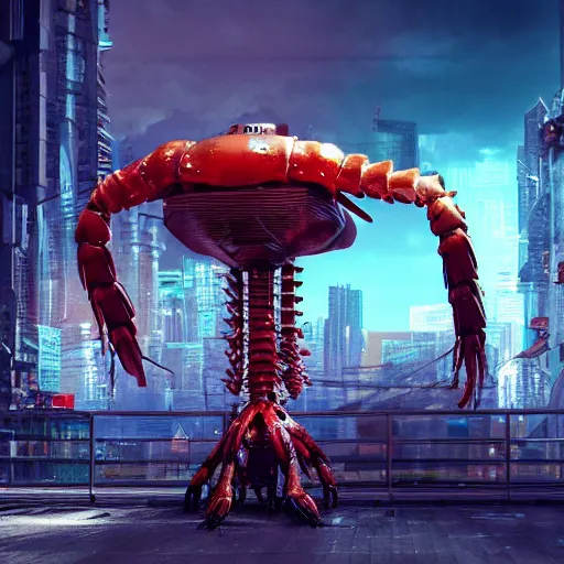 Image similar to a giant robotic shrimp standing in a dystopian city, cyberpunk, dystopian, god, evil, villain, sharp focus, dynamic lights, still, photograph, hyper realistic, masterpiece, digital, octane render, rendered, 3 d, blender, 3 d software, cinematic, cinematic lighting, dramatic lighting, dramatic, highly detailed, intricate details, texture, slime, cinematic composition