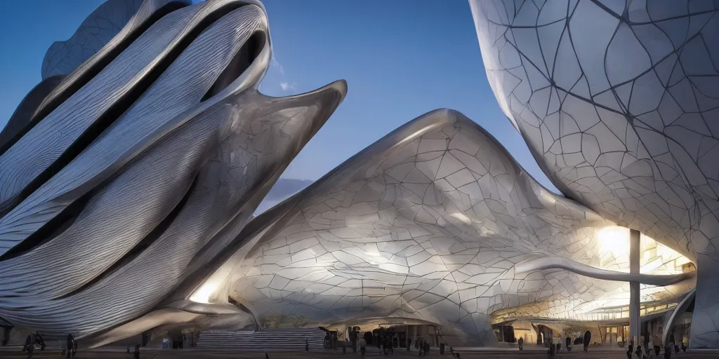 Image similar to extremely detailed ornate stunning sophisticated beautiful elegant futuristic museum exterior by Zaha Hadid, stunning volumetric light, stainless steal, concrete, translucent material, beautiful sunset, tail lights