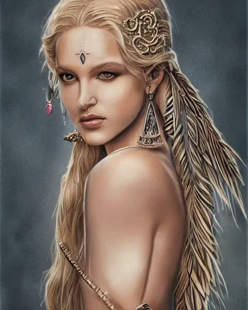 Image similar to tattoo sketch of beautiful greek goddess aphrodite with arrowhead earrings and beautiful feather jewelry, beautiful piercing eyes, beautiful blonde hair, hyper realistic face, in the style of greg rutkowski, fantasy, amazing detail, epic, elegant, smooth, sharp focus, from the front