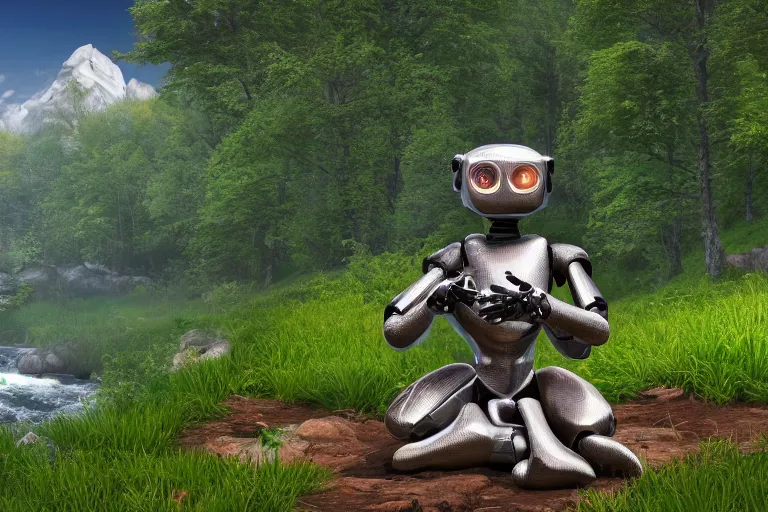 Image similar to professional photo of highly-detailed robot sitting cross-legged with its head pointing down, on a small hill, in a fantasy forest with blooming trees and surrounded my wildlife, river flowing beside the robot, 4k, highly detailed, Unreal Engine