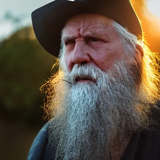 Image similar to scowling angry old wizard with a long white beard casting a spell, Tones of Black in Background, Golden Hour, Field of View, 2 Megapixels, 4-Dimensional