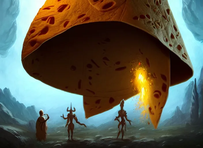 Image similar to a giant flour tortilla wrap creature, a group of human travelers are trapped inside the tortilla, by marco bucci and frank frazetta, style of magic the gathering, high resolution, fantasy coloring, intricate, digital painting, artstation, smooth, sharp focus