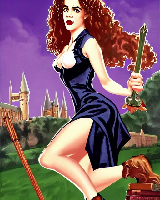 Image similar to pinup photo of hermione granger by emma watson in the crowded square of hogwarts, by enoch bolles, glossy skin, pearlescent, very coherent, very detailed