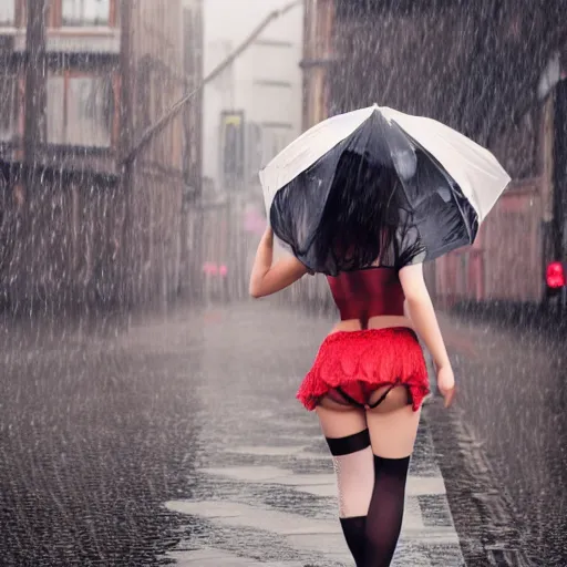 prompthunt: anime girl walks in lingerie and pantyhose in the rain with an  umbrella, red curly hair in pigtails with an elastic band, rain, full HD, 8k