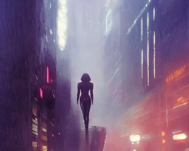 Prompt: 2 0 1 8 blade runner movie still salma hayek look at the cityscape from roof perfect face fine realistic face pretty face reflective polymer suit tight neon puffy jacket blue futuristic sci - fi elegant by denis villeneuve tom anders zorn hans dragan bibin thoma greg rutkowski ismail inceoglu illustrated sand storm alphonse mucha