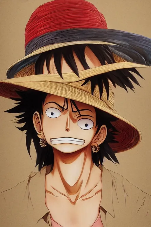 Image similar to Luffy from One Piece wearing a straw hat highly detailed, digital painting, artstation, concept art, sharp focus, illustration, art by artgerm and greg rutkowski and alphonse mucha