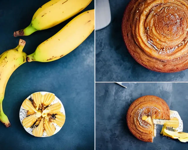 Image similar to dslr food photograph of a pineapple and banana cake, 8 5 mm f 1. 4