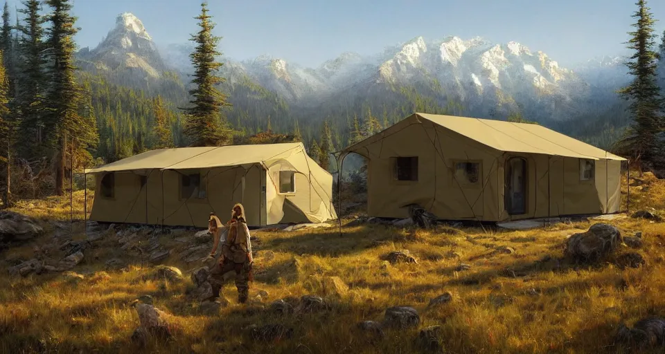 Image similar to cabela's beautiful comfortable community of modular insulated wall container home kit - house all weather military grade family dwelling tent house, person in foreground, mountainous forested wilderness open fields, beautiful views, painterly concept art, environmental concept art, concept art illustration, by james gurney, by craig mullins, by greg rutkowski trending on artstation