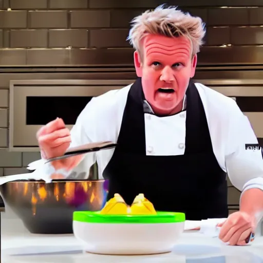 Image similar to hyper real Gordon Ramsey cooking a unicorn in kitchen 4k