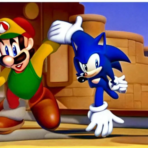 Image similar to 1940s disney film about super mario and sonic the hedgehog