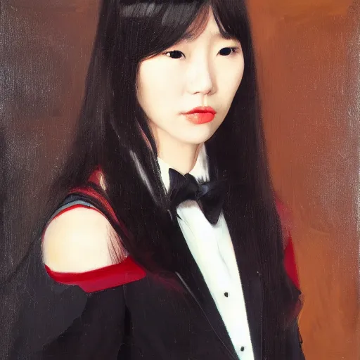 Image similar to portrait of a beautiful korean girl wearing a men's tuxedo, with long hair and bangs, angular features, angry expression, oil on canvas, elegant pose, masterpiece, Jonathan Yeo painting