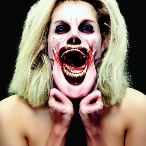 Image similar to body horror. a gorgeous woman with terrifying rotten teeth