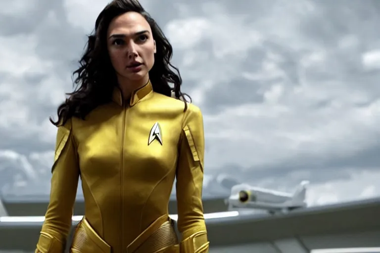 Image similar to Gal Gadot, wearing a yellow uniform, is the captain of the starship Enterprise in the new Star Trek movie